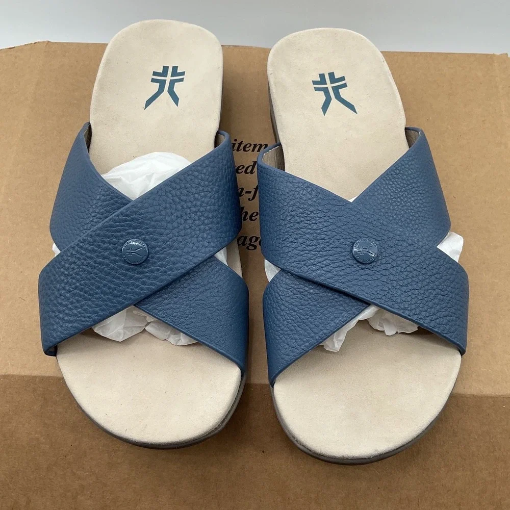 Kuru Footwear Blue Leather Criss Cross Slide Sandals Comfort Arch Support 9M